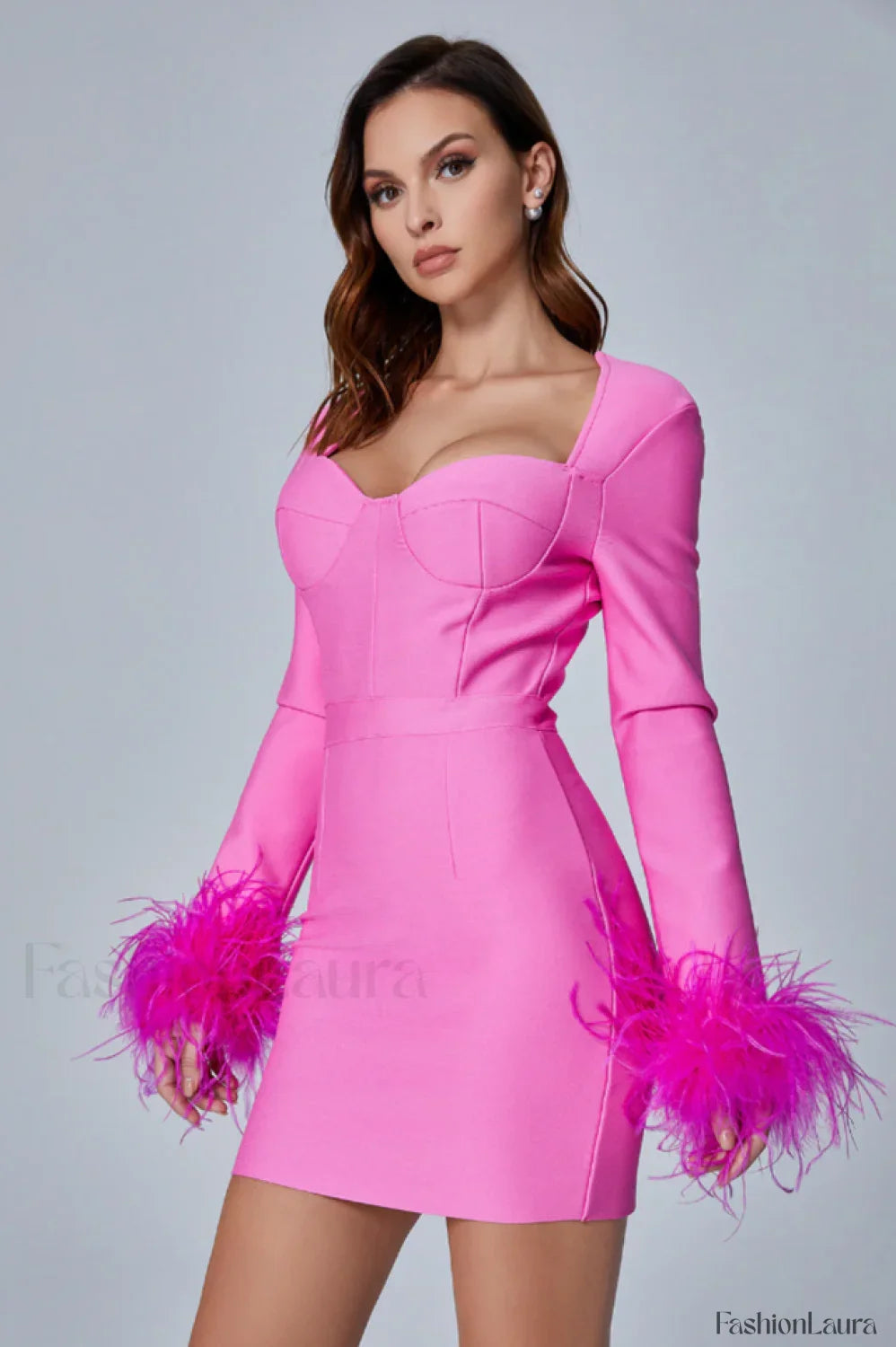 Feather Long Stylish Sleeve Bustier Dress
