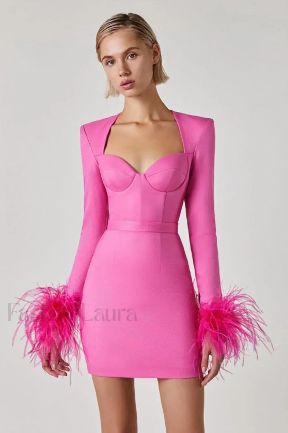 Feather Long Stylish Sleeve Bustier Dress S / Hot Pink