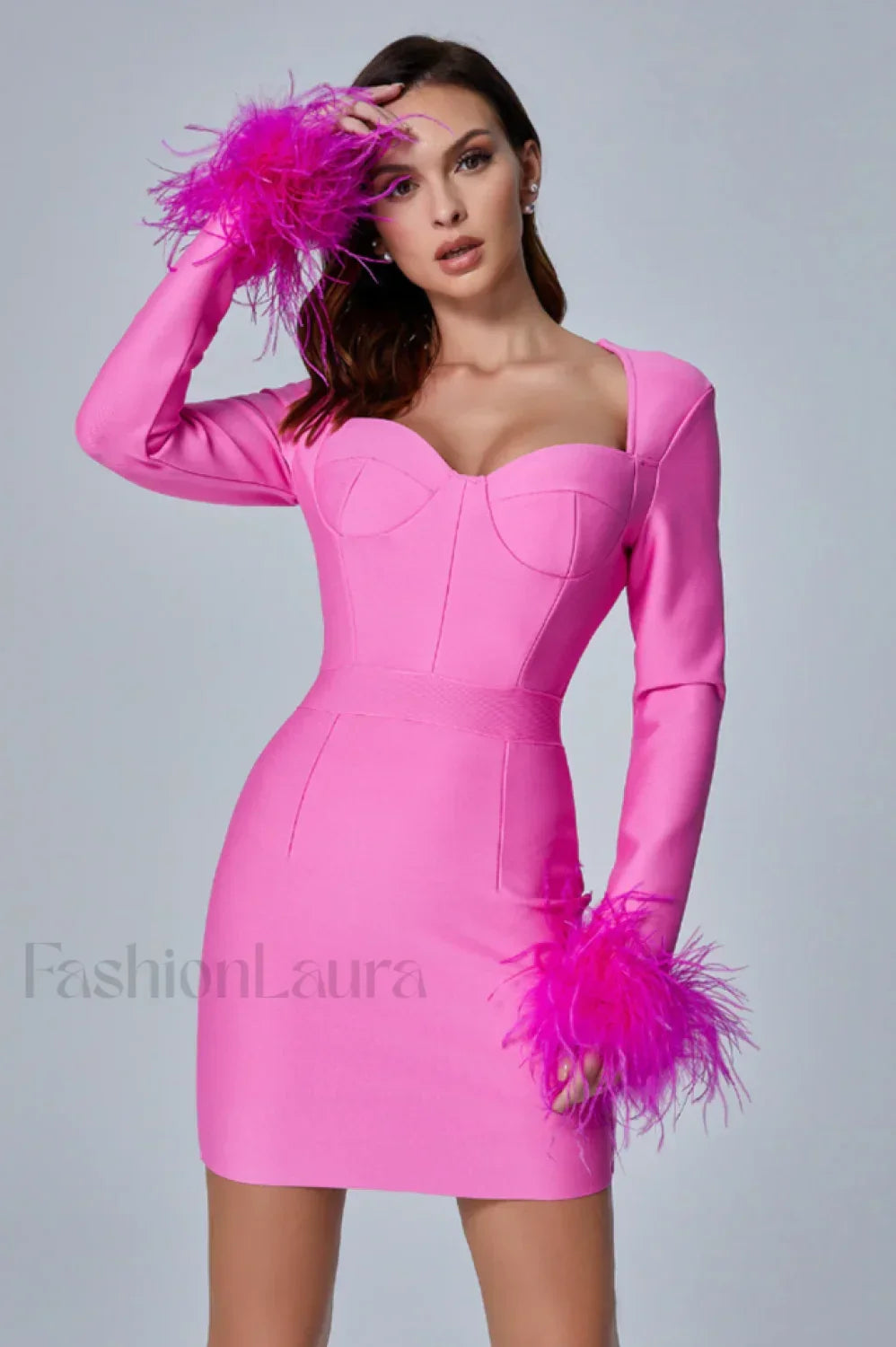 Feather Long Stylish Sleeve Bustier Dress XS / Hot Pink