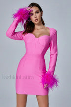 Feather Long Stylish Sleeve Bustier Dress XS / Hot Pink