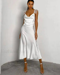 Feather Satin Strap Midi Dress WHITE / S