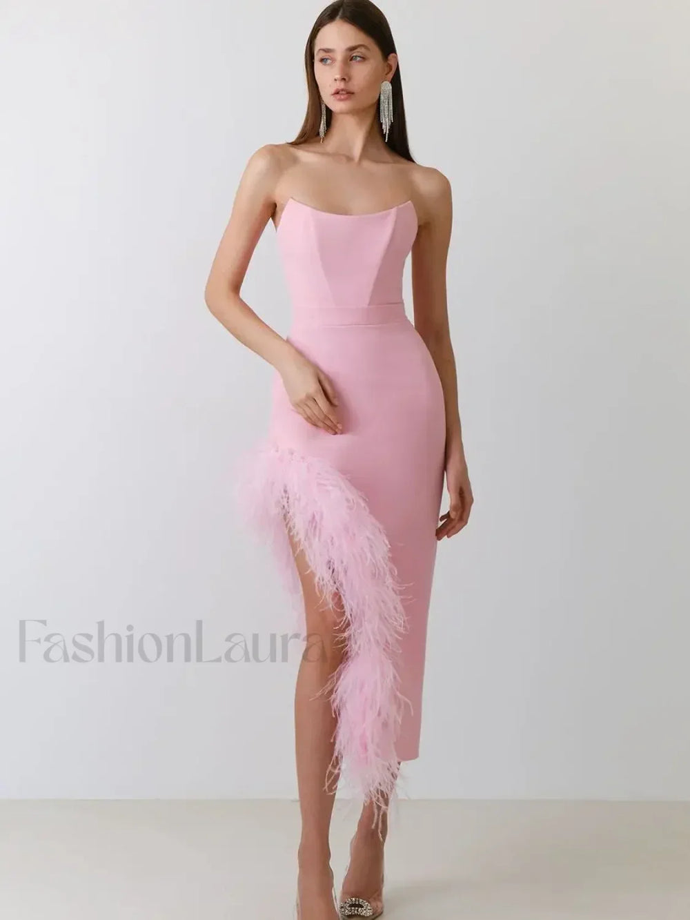 Feather Strapless Bandage Midi Dress
