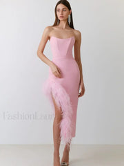 Feather Strapless Bandage Midi Dress