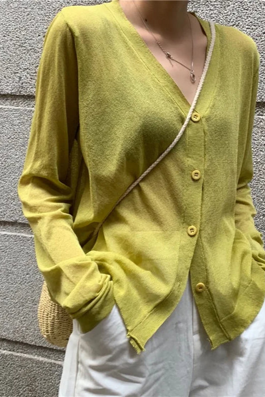 V Neck Lightweight Knit Cardigan Yellow / One Size