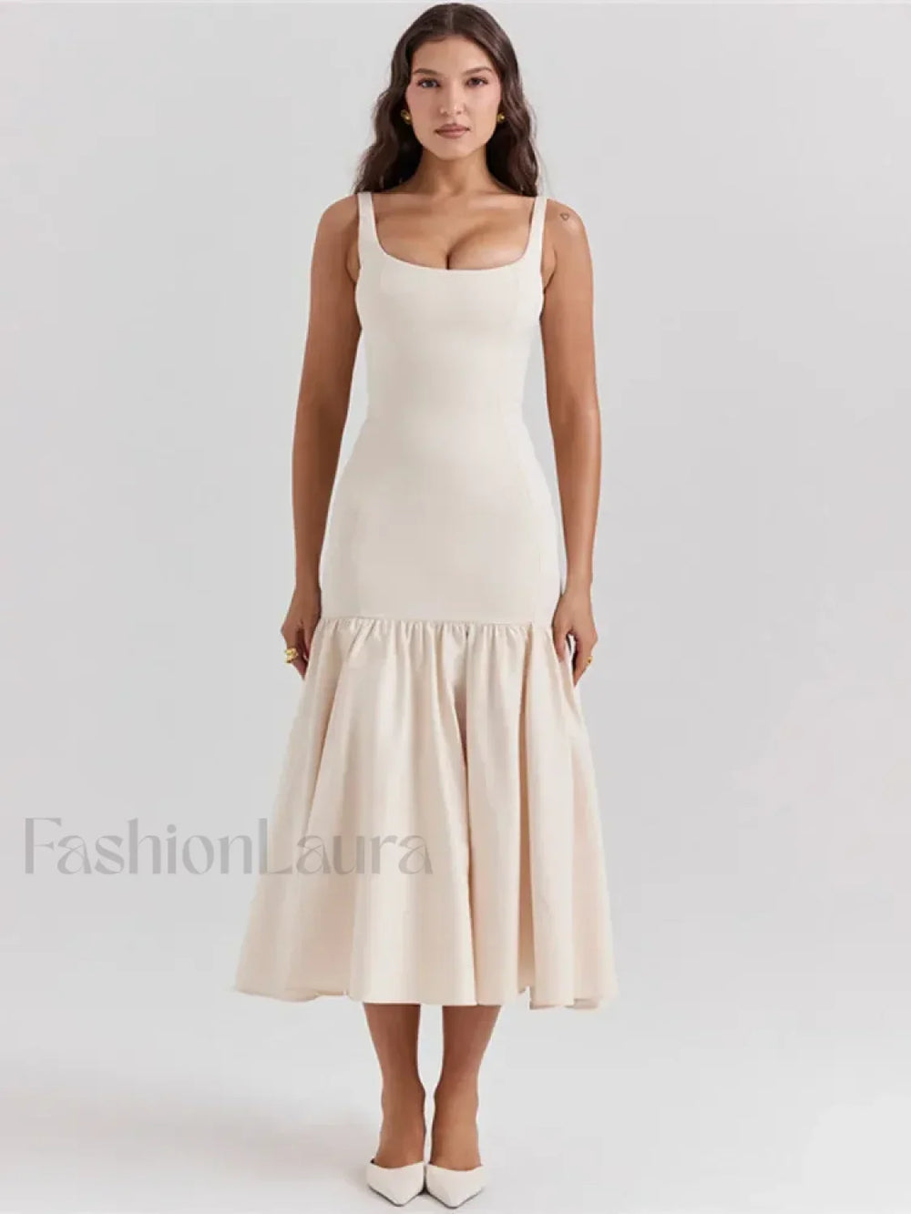 Fishtail Square Collar Midi Dress Beige / S