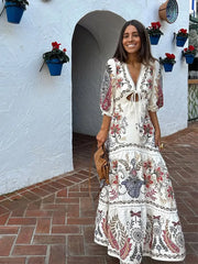 Flax Lantern Sleeve Boho Dress white / S