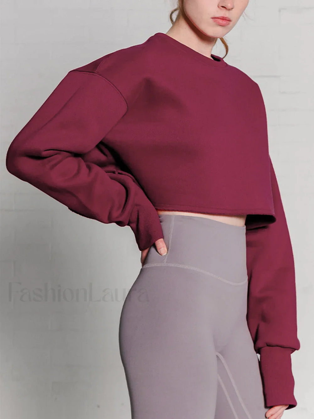 Fleece Lined Graceful Solid Cropped Sweatshirt Burgundy / S Sweatshirts