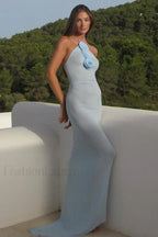 Floral Appliqu茅 Halter Charming Neck Maxi Dress