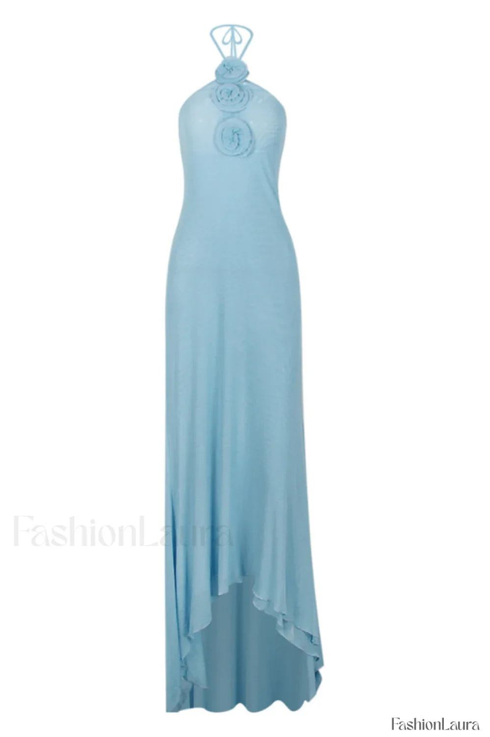 Floral Appliqu茅 Halter Charming Neck Maxi Dress XS / Light Blue