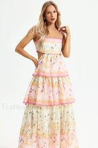 Floral Cami Tiered Charming Ruffle Hem Dress