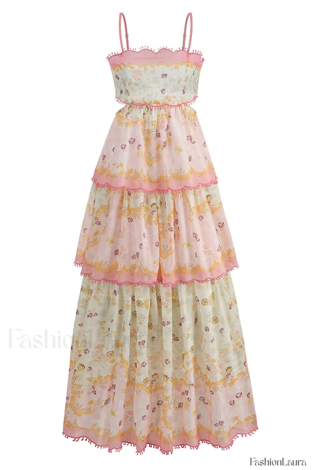 Floral Cami Tiered Charming Ruffle Hem Dress S / Pink