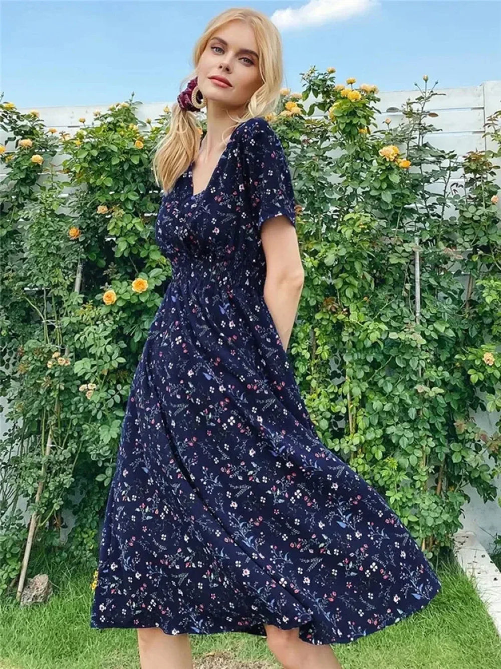Floral Chic Short Sleeve Women’s Fashionable Long Midi Dress NAVY / S