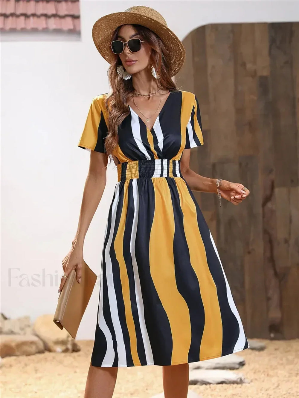 Floral Chic Summer Short Sleeve Fashionable Midi Dress Black Yellow / S
