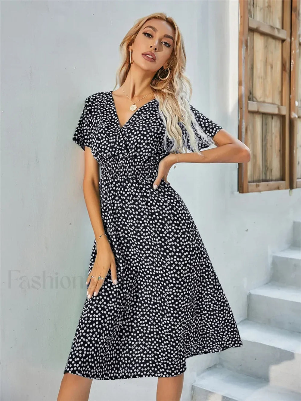 Floral Chic Summer Short Sleeve Fashionable Midi Dress NAVY BLUE / S