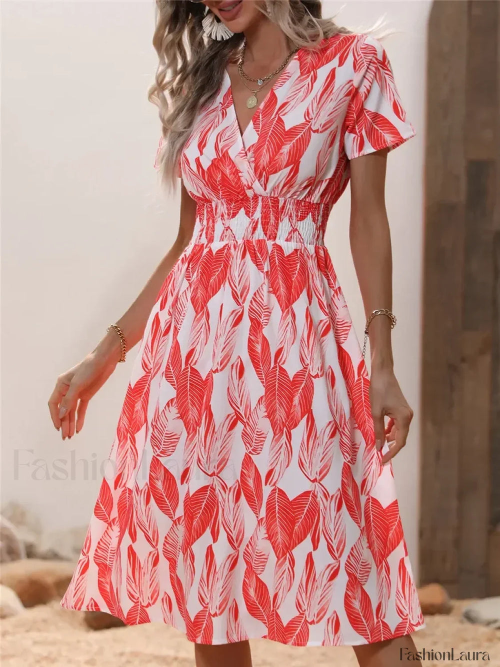 Floral Chic Summer Short Sleeve Fashionable Midi Dress Rose Red / S