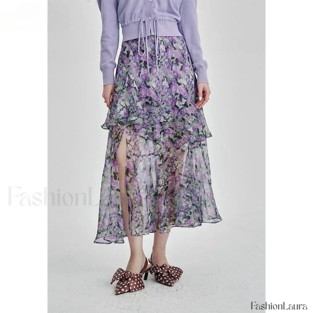 Floral Chiffon Ruffled Slit Skirt