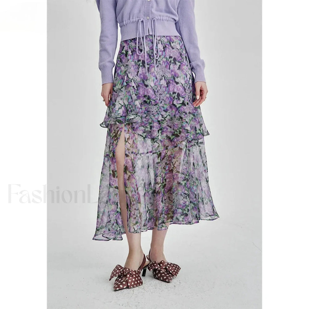 Floral Chiffon Ruffled Slit Skirt
