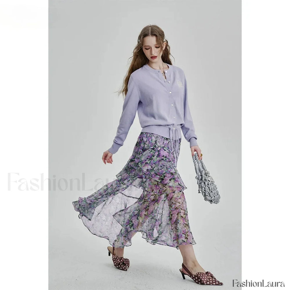 Floral Chiffon Ruffled Slit Skirt Purple / S