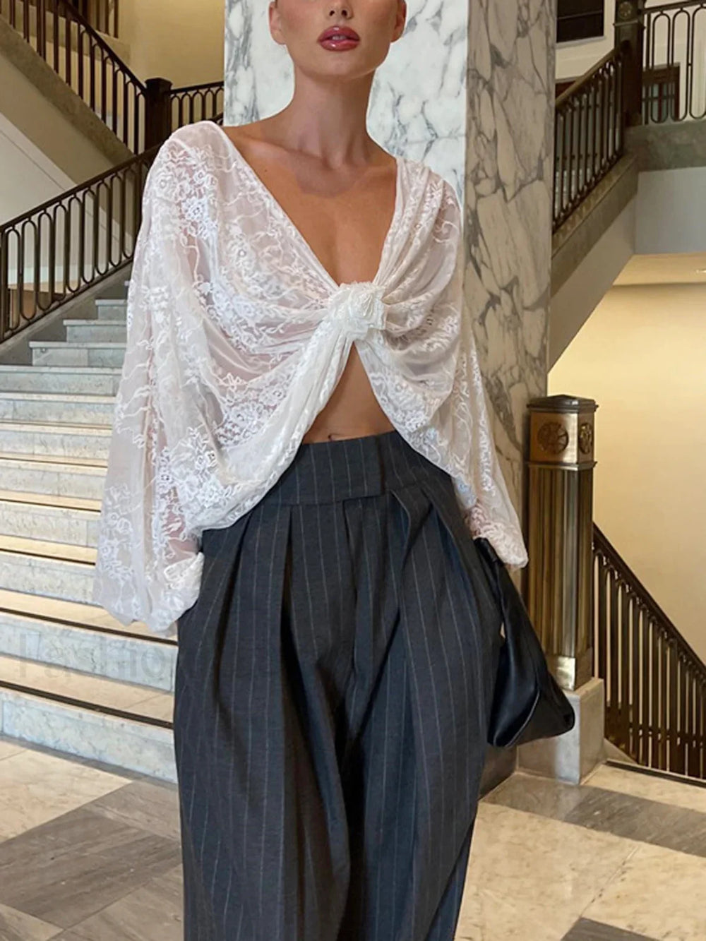 Floral Decor Twisted Trendy Lace Semi sheer Blouse Blouses