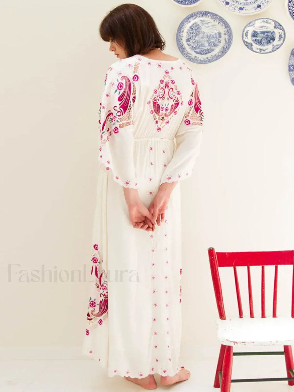 Floral Embroidered Batwing Boho Dress