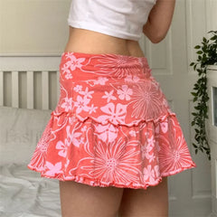Floral Frill Trim A Line Skirt Pink / S