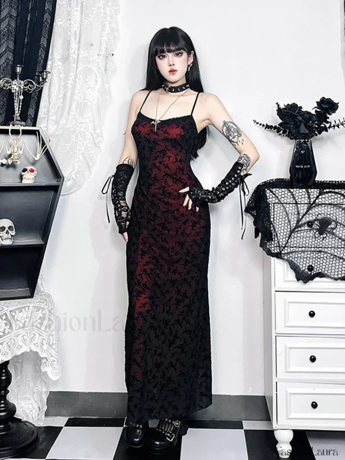 Floral Grunge Lolita Witchy Harajuku Flocking Fairy Sleeveless Vintage Camisole Dress Claret / S