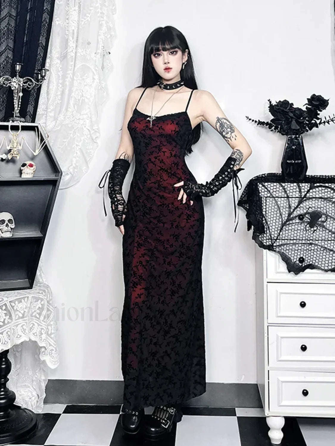 Floral Grunge Lolita Witchy Harajuku Flocking Fairy Sleeveless Vintage Camisole Dress Claret / S