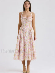 Floral Halter Backless Midi Dress