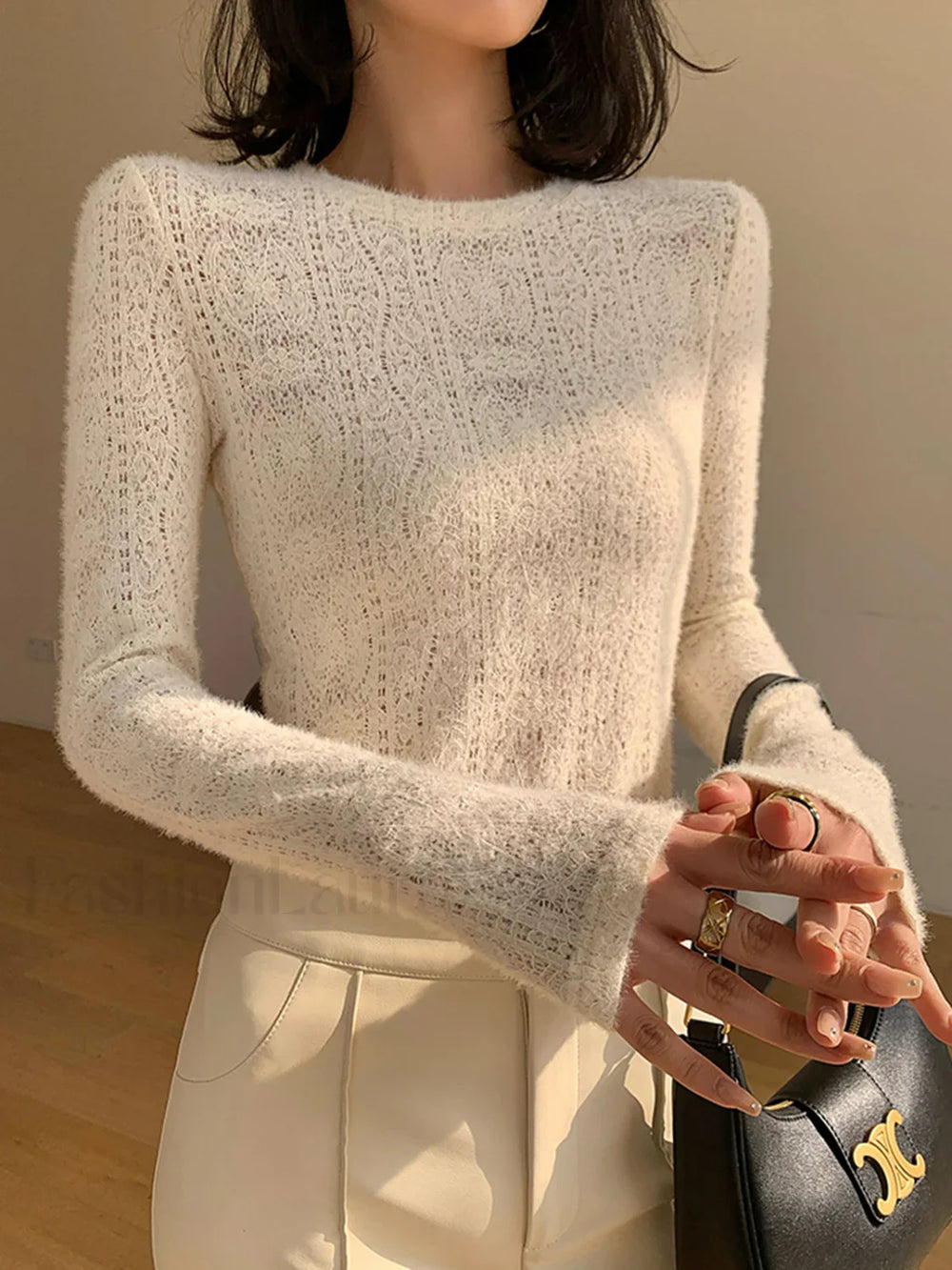Floral Hollow Knit Crew Neck Long Sleeve Top Apricot / XS T Shirts