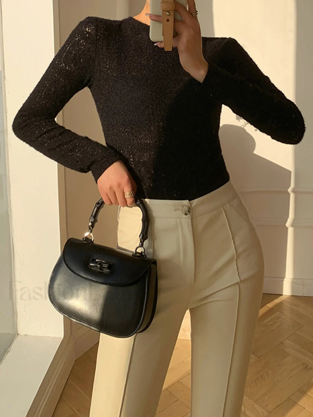 Floral Hollow Knit Crew Neck Long Sleeve Top Black / XS T Shirts