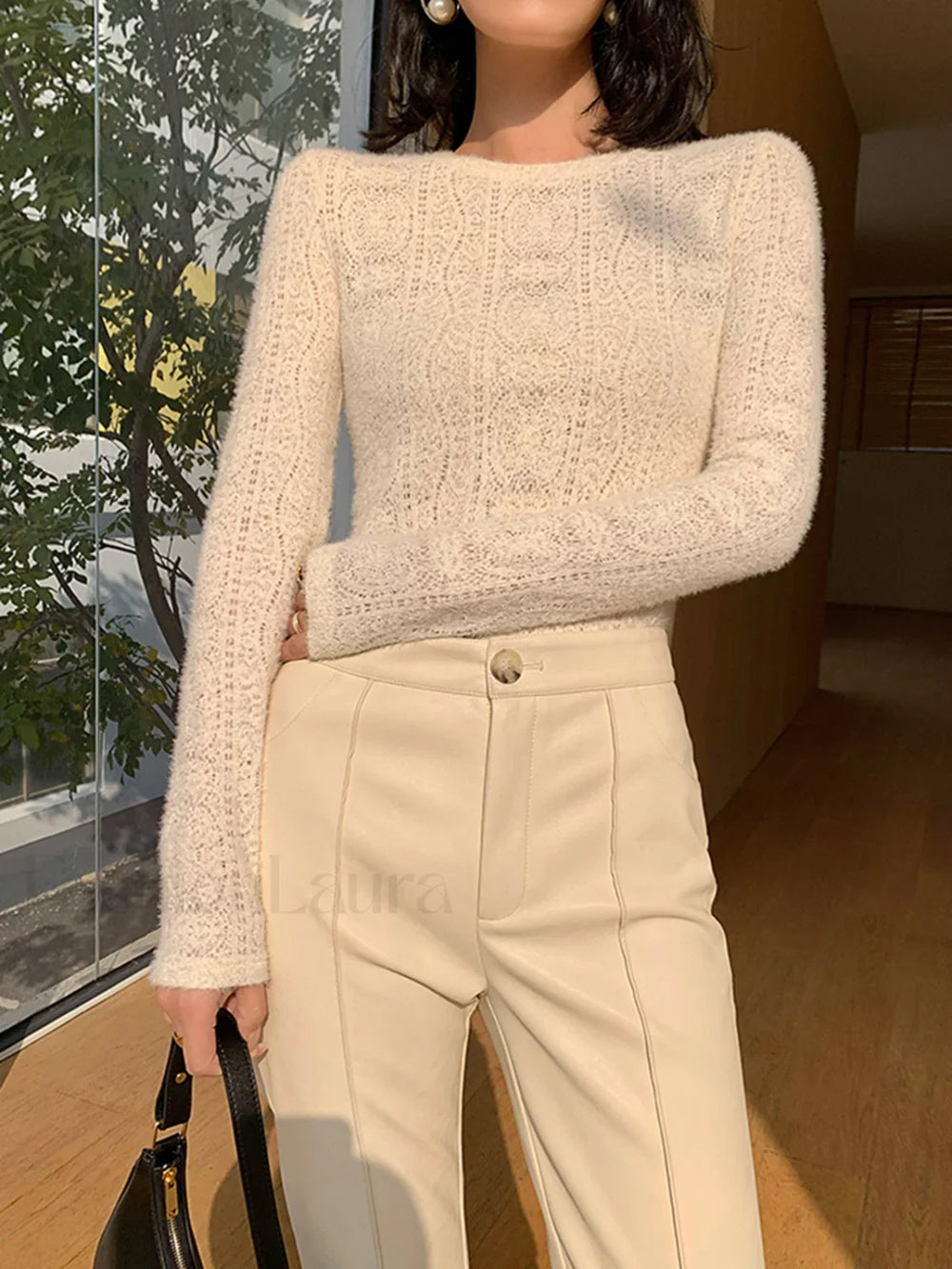 Floral Hollow Knit Crew Neck Long Sleeve Top T Shirts