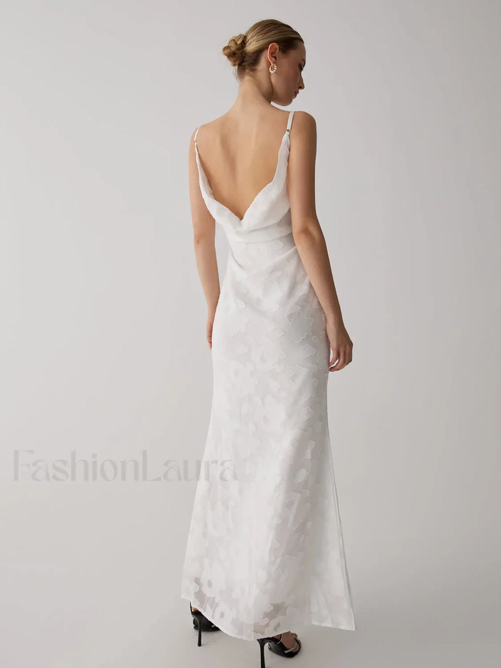 Floral Jacquard Open Trendy Back Long Dress White / XS Dresses