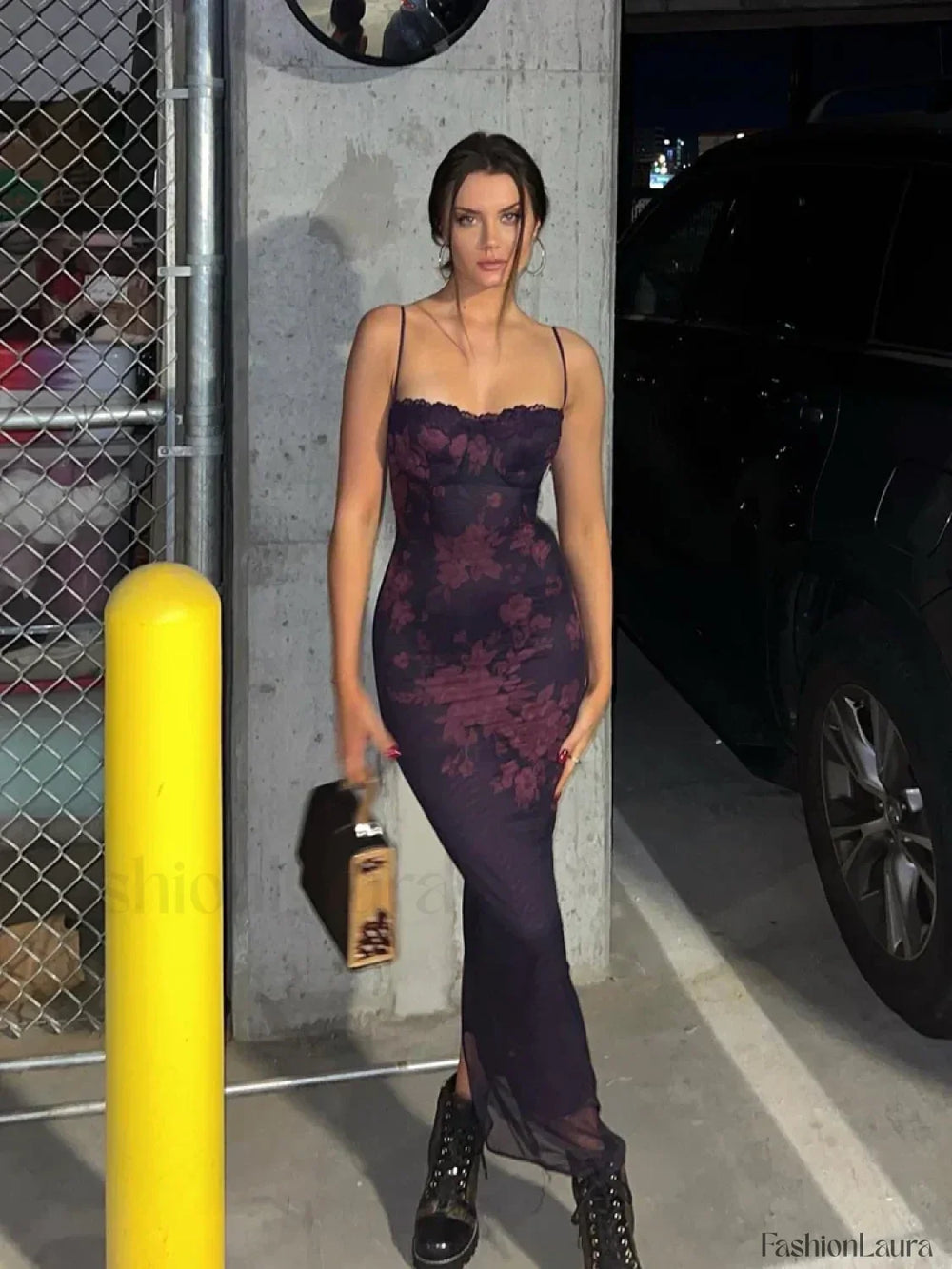 Floral Lace Backless Maxi Dress purple / S