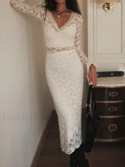 Floral Lace Long Trendy Sleeve Plunge Midi Dress Dresses