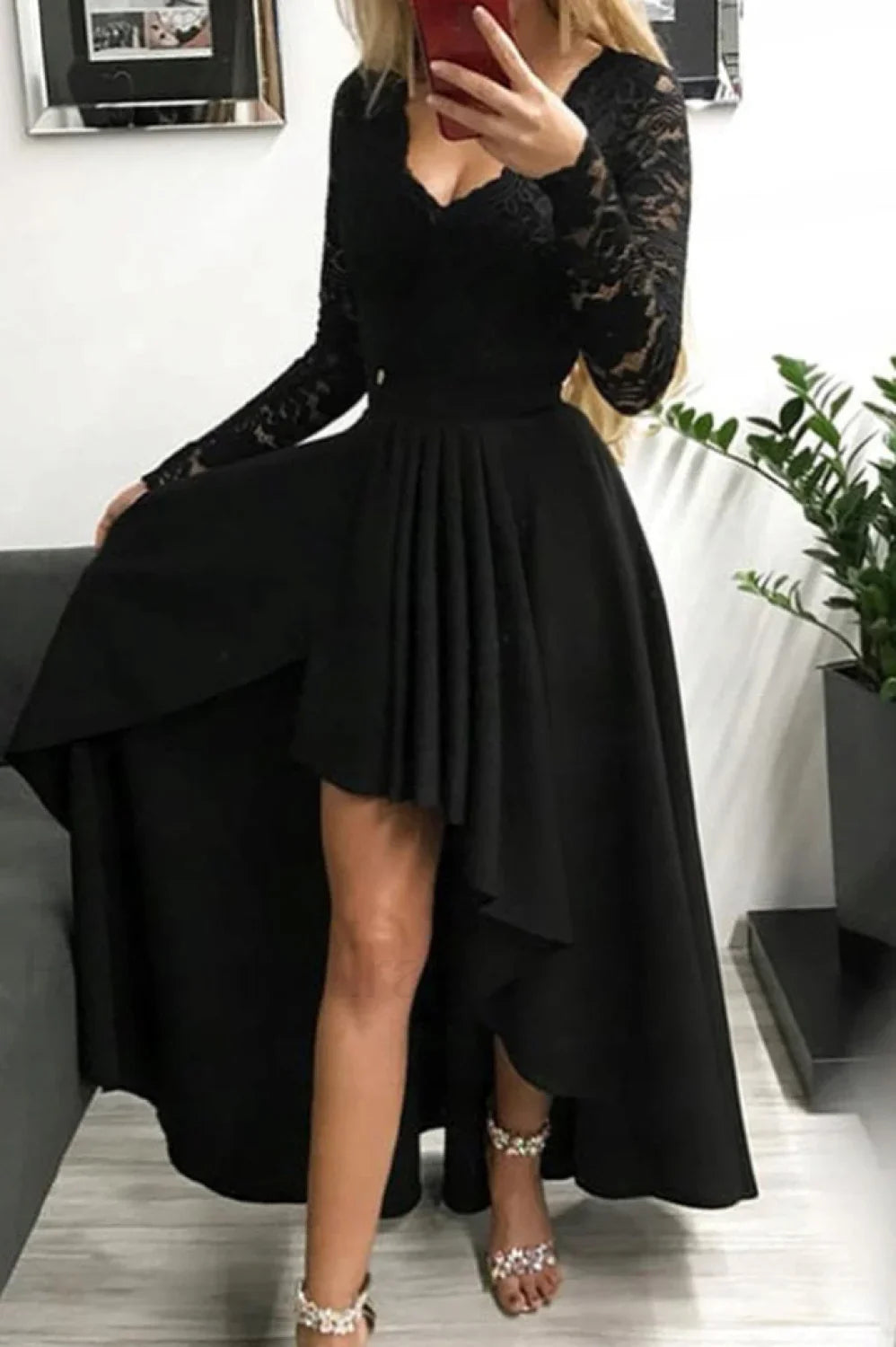 Floral Lace Satin Charming Maxi Prom Dress S / Black