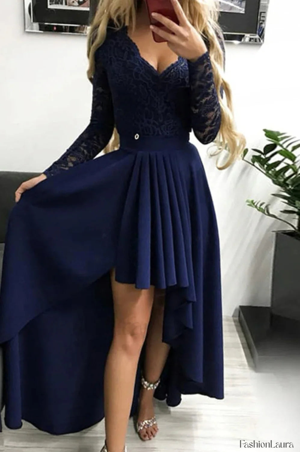 Floral Lace Satin Charming Maxi Prom Dress S / Blue