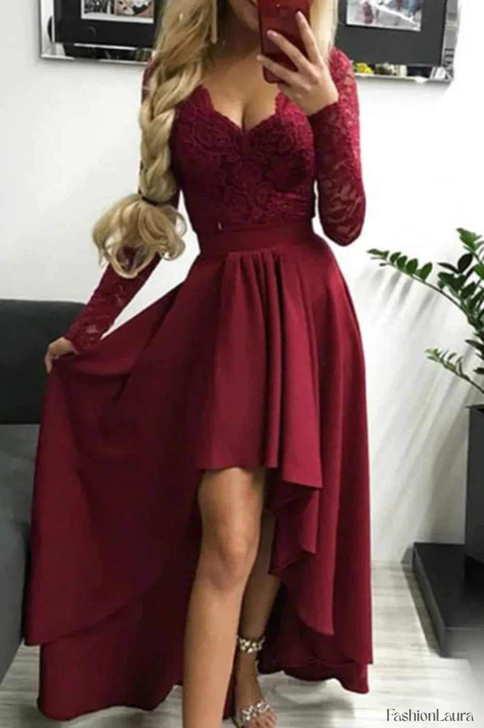 Floral Lace Satin Charming Maxi Prom Dress S / Red