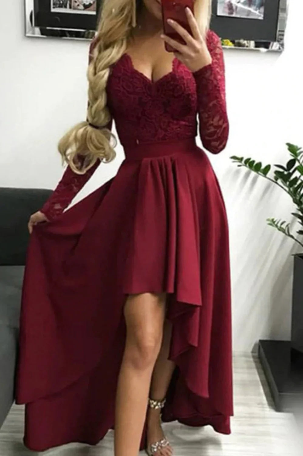 Floral Lace Satin Charming Maxi Prom Dress S / Red