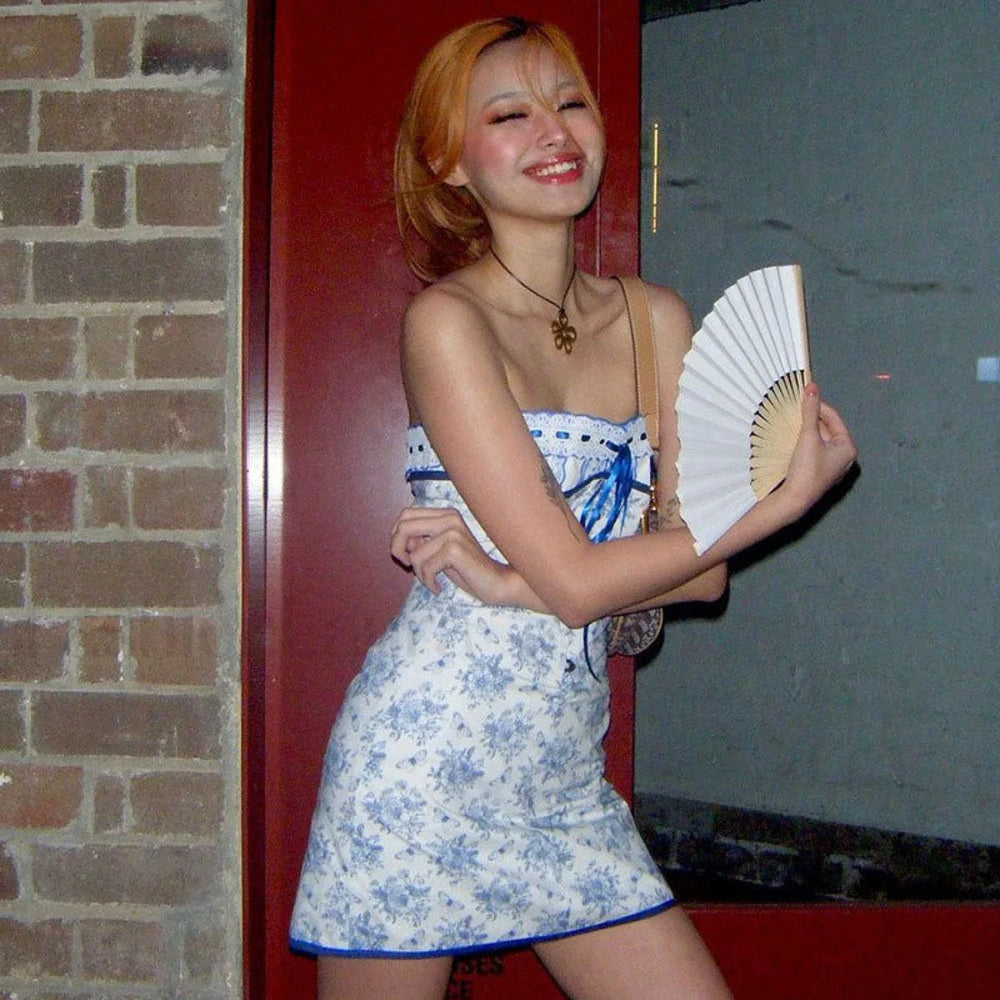 Floral Lace Trim Tie Front Strapless Mini Dress Blue M / Blue Strapless Dresses