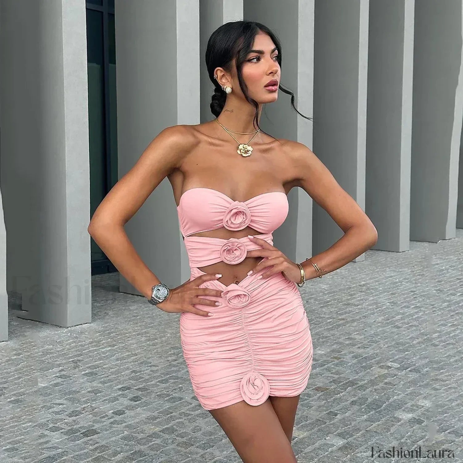 Floral Lace Up Push Up Bra One Piece pink / S