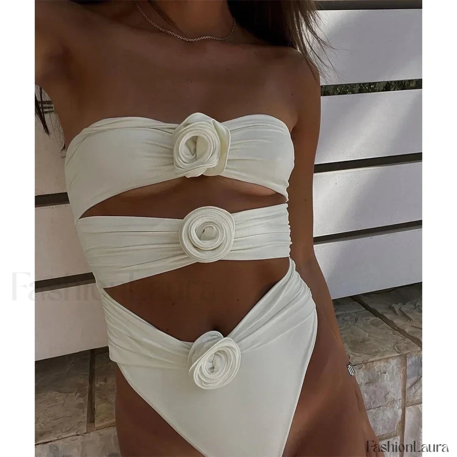 Floral Lace Up Push Up Bra One Piece white1 / S