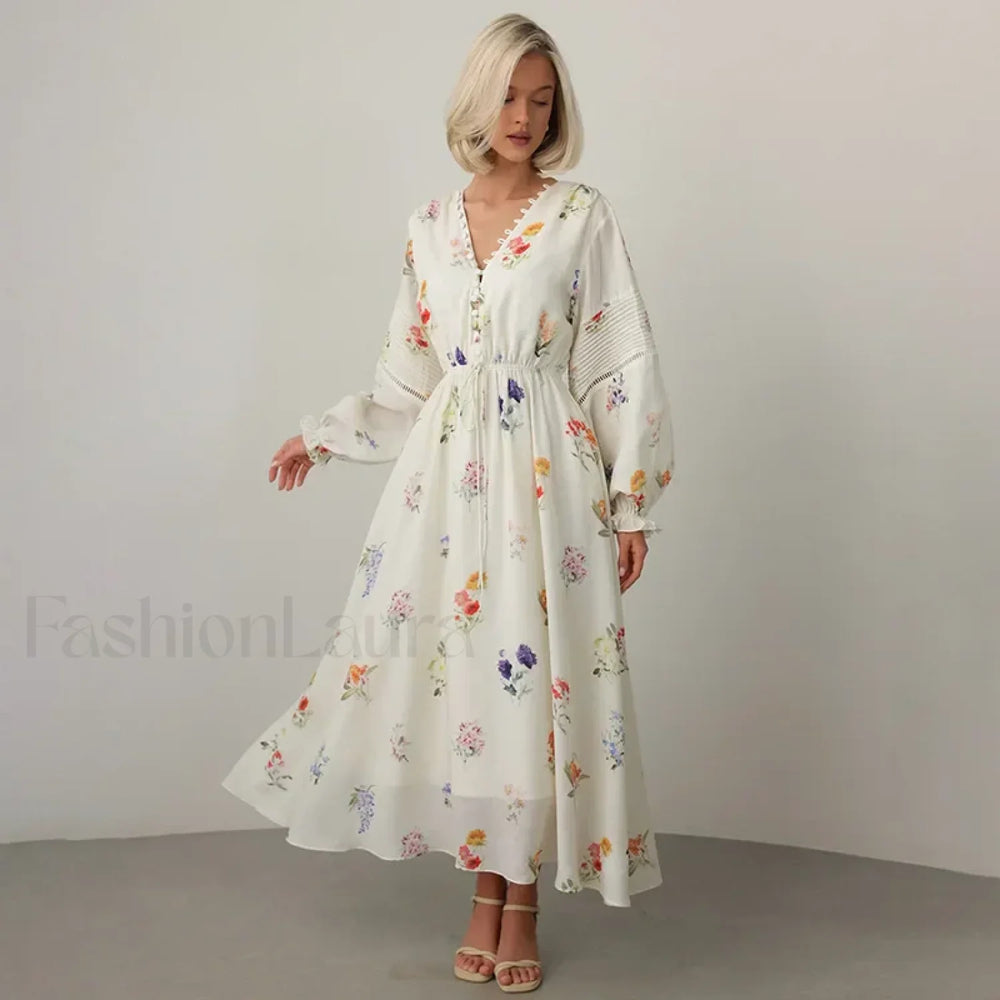 Floral Lantern Sleeve Boho Dress White / S