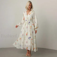 Floral Lantern Sleeve Boho Dress White / S