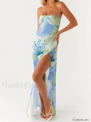 Floral Leaves Split Strapless Maxi Dress green / S