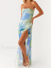 Floral Leaves Split Strapless Maxi Dress green / S