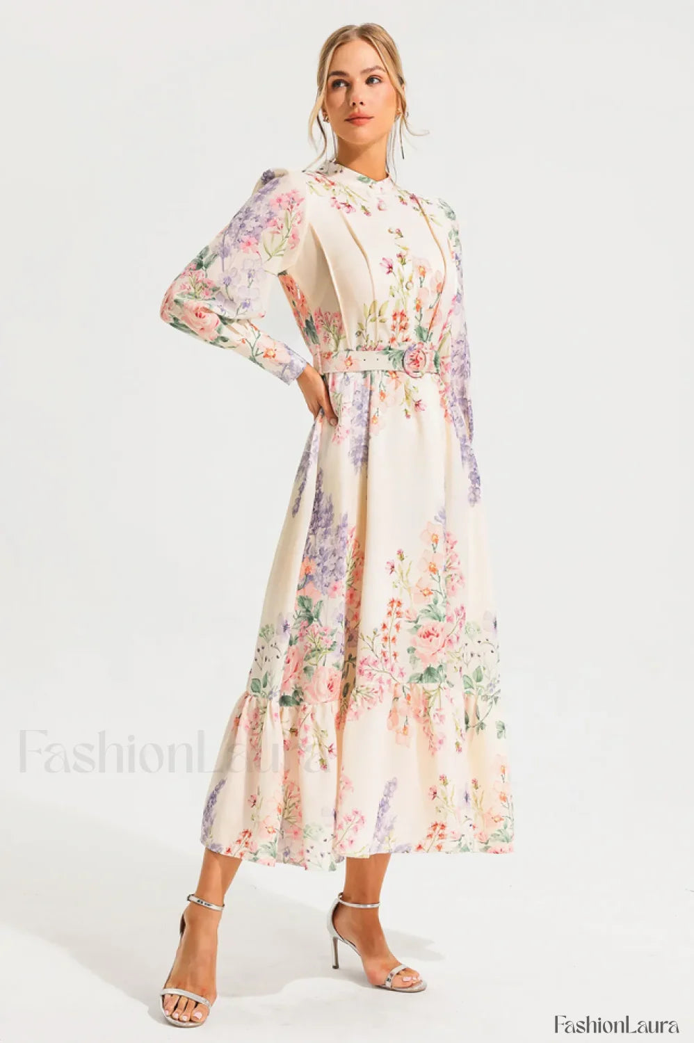Floral Long Sleeve Charming Maxi Dress With Belt
