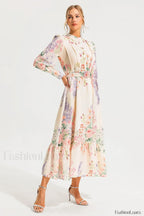 Floral Long Sleeve Charming Maxi Dress With Belt
