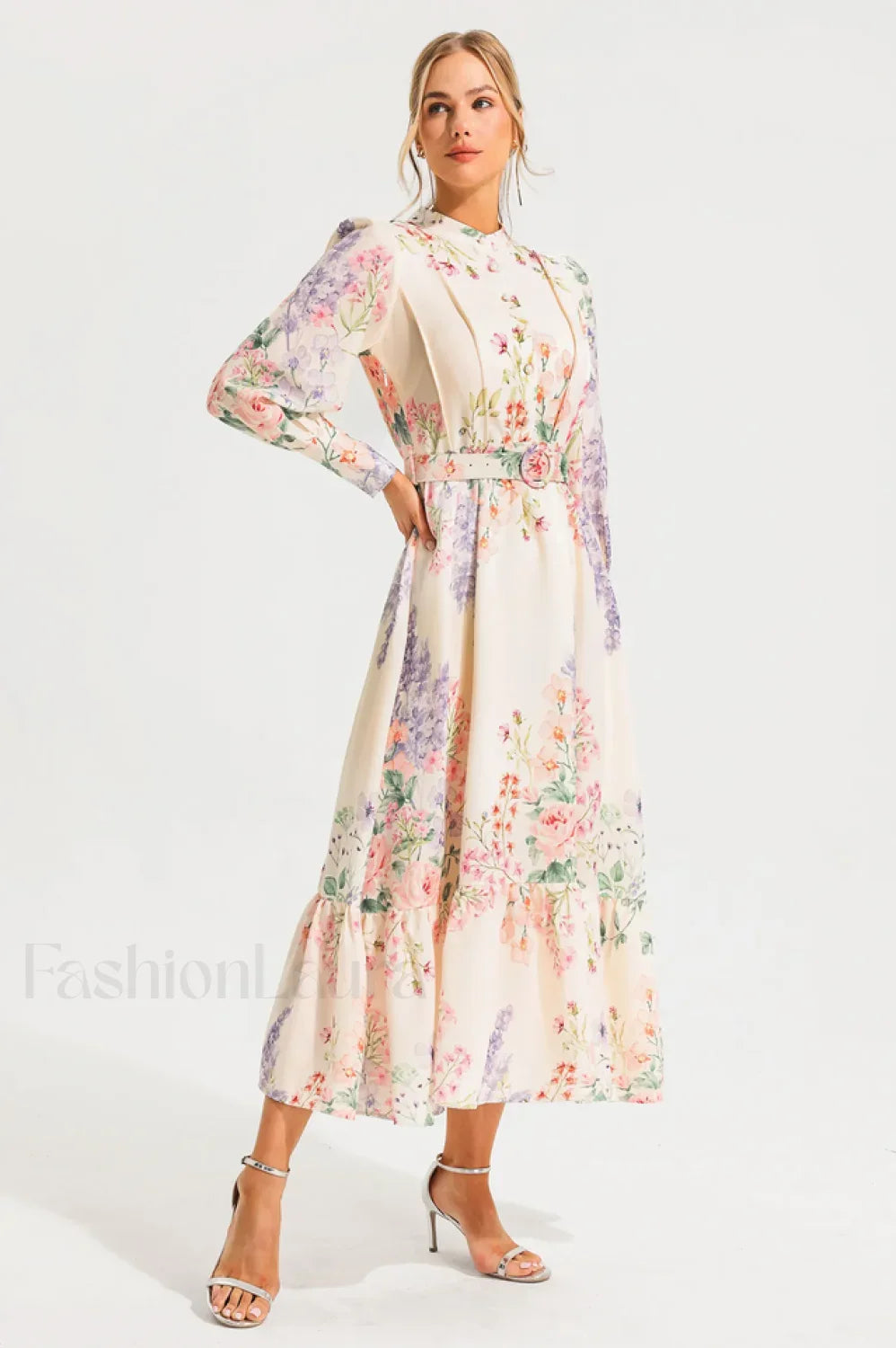 Floral Long Sleeve Charming Maxi Dress With Belt