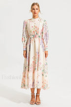 Floral Long Sleeve Charming Maxi Dress With Belt