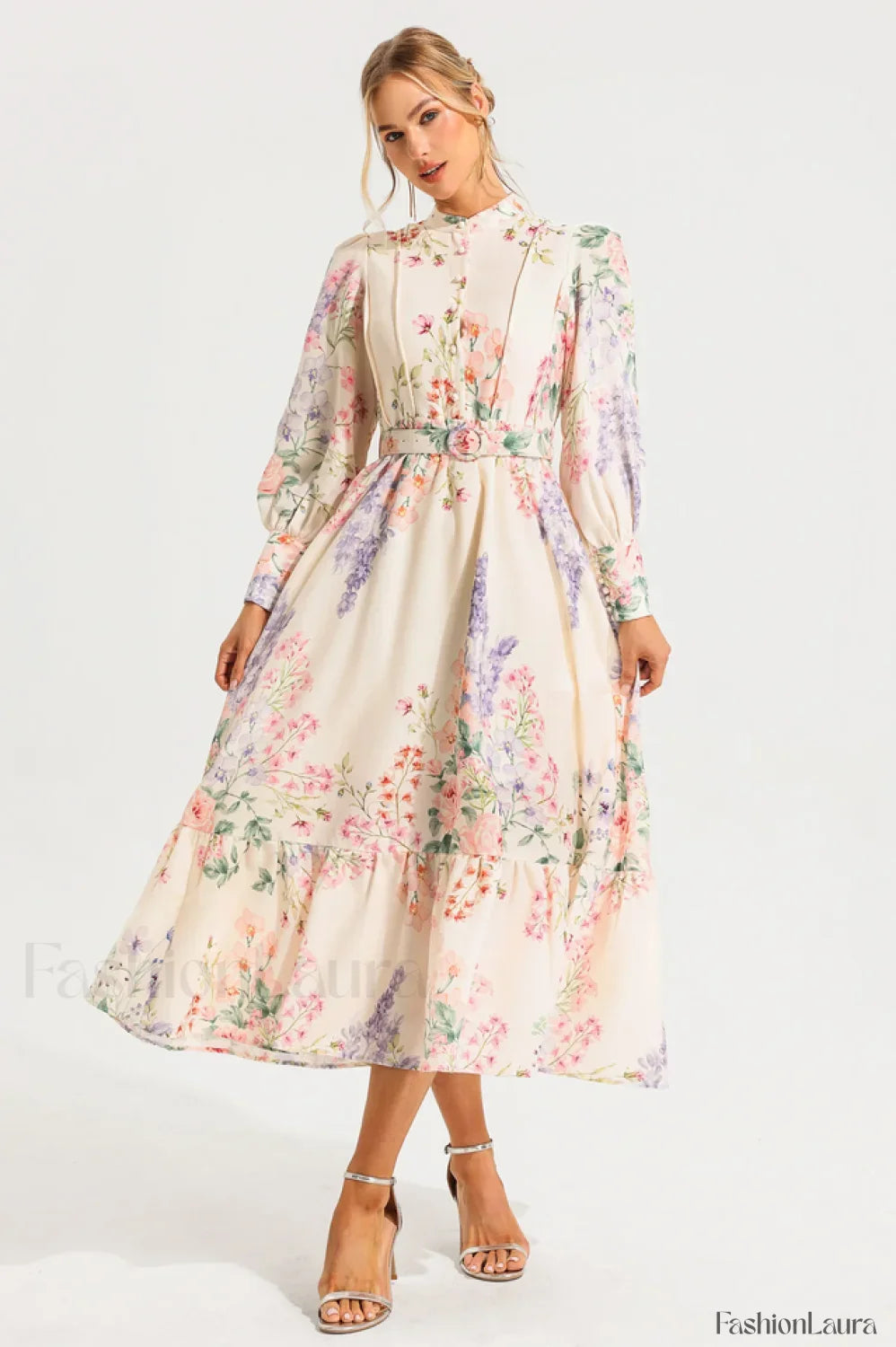 Floral Long Sleeve Charming Maxi Dress With Belt S / Floral